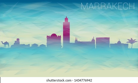 Marrakech Morocco Skyline City Vector Silhouette. Broken Glass Abstract Geometric Dynamic Textured. Banner Background. Colorful Shape Composition.