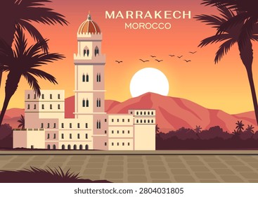 Marrakech Morocco skyline at sunset with traditional architecture, palm trees and Atlas Mountains in warm desert landscape vector illustration