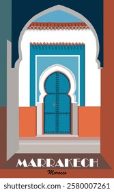 Marrakech, Morocco travel destination poster in retro style. Flat colorful hand drawn vector illustration