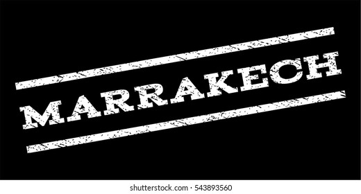 Marrakech watermark stamp. Text tag between parallel lines with grunge design style. Rubber seal stamp with scratched texture. Vector white color ink imprint on a black background.