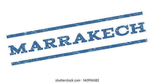 Marrakech watermark stamp. Text tag between parallel lines with grunge design style. Rubber seal stamp with scratched texture. Vector cobalt blue color ink imprint on a white background.