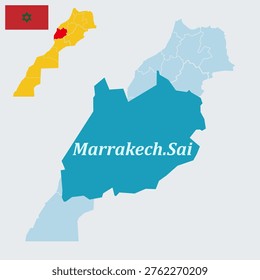 Marrakech-Safi Morocco Map and Flag - Marrakesh Capital, Atlas Mountains and Atlantic Coast Region Vector Outline.