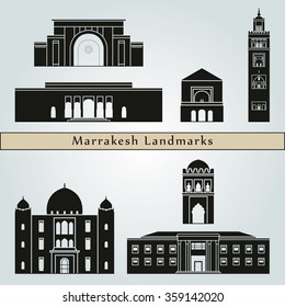 Marrakesh landmarks and monuments isolated on blue background in editable vector file