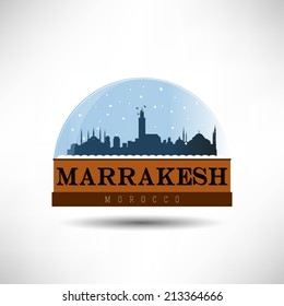 Marrakesh, Morocco, skyline silhouette design in snow globe, vector illustration.