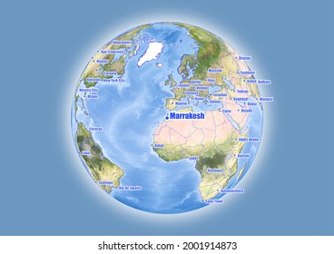 Marrakesh-Morocco is shown on vector globe map. The map shows Marrakesh-Morocco 's location in the world.