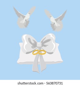 Marriage agency. Cushion with rings. Ribbons and doves. Flat vector stock illustration