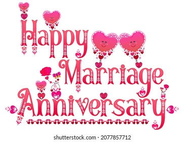 Marriage anniversary wish word art. Couple anniversary quote. Happy Marriage Anniversary. Husband wife marriage. Love emoticon stickers. Pink hearts rose flower butterflies  pattern. Vector text.