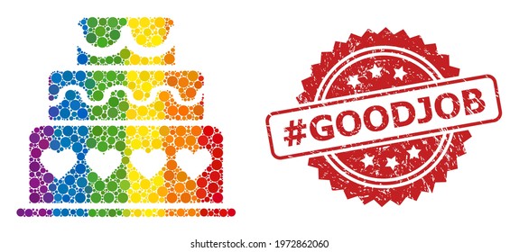 Marriage cake collage icon of filled circle dots in various sizes and spectrum color tinges, and hashtag Goodjob scratched rosette seal imitation. A dotted LGBT-colored Marriage cake for lesbians,