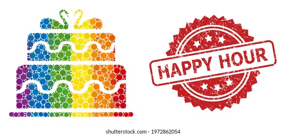 Marriage cake collage icon of spheric elements in various sizes and LGBT color tints, and Happy Hour textured rosette seal print. A dotted LGBT-colored Marriage cake for lesbians, gays,