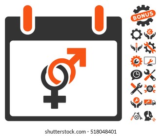 Marriage Calendar Day pictograph with bonus options pictures. Vector illustration style is flat iconic symbols, orange and gray, white background.