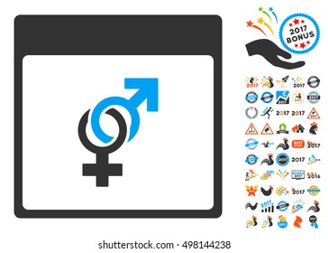 Marriage Calendar Page icon with bonus calendar and time management clip art. Vector illustration style is flat iconic symbols, blue and gray colors, white background.