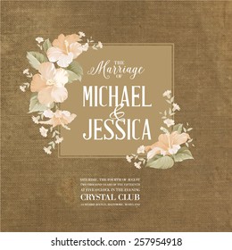 Marriage card with romantic flowers on brown fabric. Vector illustration.