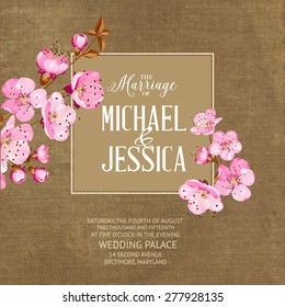 Marriage card with romantic flowers on brown fabric. Vector illustration.