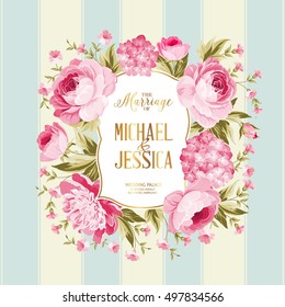 The marriage card. Wedding invitation card template. Frame of red flowers in vintage style. Marriage invitation card with custom sign and flower frame over tile blue background. Vector illustration.