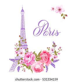 The marriage card. Wedding invitation card template. Eiffel tower simbol with spring blooming flowers over gray text pattern with sign Paris souvenir. Vector illustration.