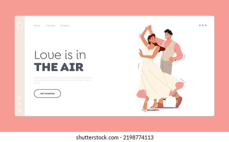 Marriage Celebration Landing Page Template. Young Husband and Wife Dancing Waltz. Happy Newlywed Couple Perform Wedding Dancing. Bride and Groom Characters Fun. Cartoon People Vector Illustration