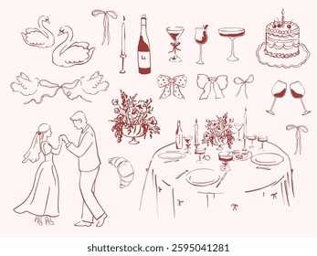 Celebração da Cerimônia de Casamento, Mão desenhou ilustração de amor. Mesa festiva, recém-casados, copos e garrafa, cisnes. Amo clipart. Desenhos de linha caprichosos do casamento