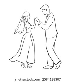 Marriage Ceremony Celebration, Linear Whimsical Illustration Husband and Wife Dancing Waltz. Happy Newlywed Couple Perform Wedding Dancing. Isolated Bride and Groom Characters Fun.