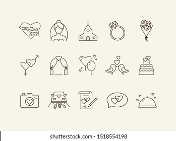 Marriage ceremony day icons. Set of line icons. Wedding invitation, suitcase, church. Wedding concept. Vector illustration can be used for topics like marriage, family, love