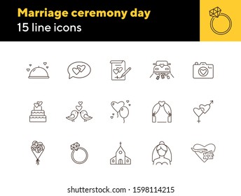 Marriage ceremony day icons. Set of line icons. Wedding invitation, suitcase, church. Wedding concept. Vector illustration can be used for topics like marriage, family, love