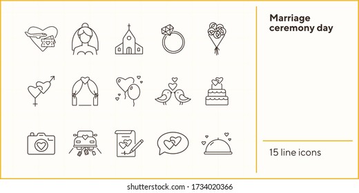 Marriage ceremony day icons. Set of line icons. Wedding invitation, suitcase, church. Wedding concept. Vector illustration can be used for topics like marriage, family, love