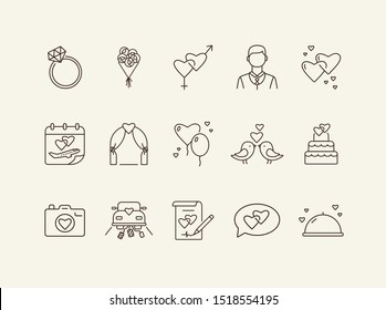 Marriage ceremony day line icons. Set of line icons. Bride bouquet, calendar, church. Wedding concept. Vector illustration can be used for topics like marriage, family, love