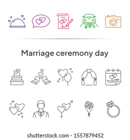 Marriage ceremony day line icons. Set of line icons. Bride bouquet, calendar, church. Wedding concept. Vector illustration can be used for topics like marriage, family, love