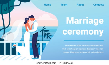 Marriage Ceremony Horizontal Banner, Groom Kissing Bride on Beautiful Terrace with Sea View, Young Happy Couple Getting Married. Love, Human Relation, Wedding Day. Cartoon Flat Vector Illustration