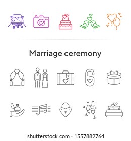 Marriage ceremony icons. Set of line icons. Wedding ring, just married car, balloons. Wedding concept. Vector illustration can be used for topics like marriage, family, love