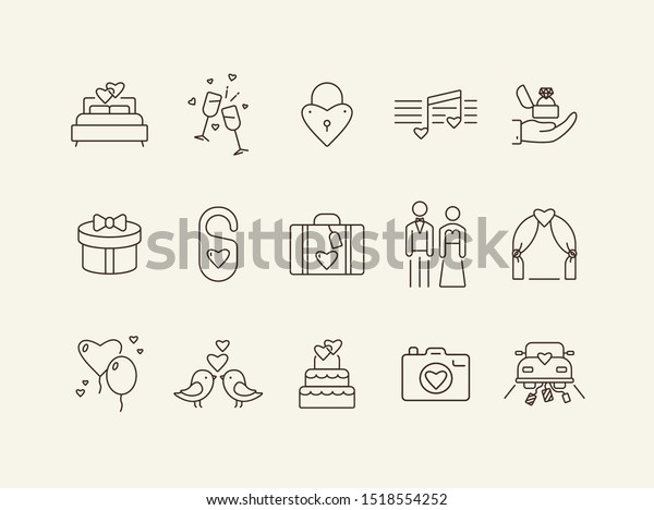 Marriage ceremony\
icons. Set of line icons. Wedding ring, just married car, balloons.\
Wedding concept. Vector illustration can be used for topics like\
marriage, family,\
love