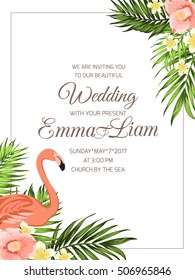 Marriage ceremony invitation template. Corner border frame with flamingo bird, palm leaves, camellia and plumeria flowers garland. Exotic tropical vector design illustration on white background.
