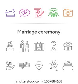 Marriage ceremony line icons. Set of line icons. Wedding cake, suitcase, balloons. Wedding concept. Vector illustration can be used for topics like marriage, family, love