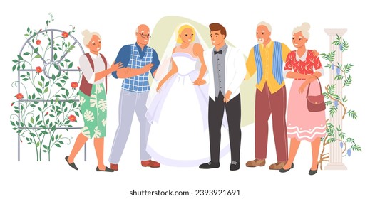 Marriage ceremony vector illustration. Happy bride and groom and their parents standing nearby festive floral arch. Traditional wedding party event