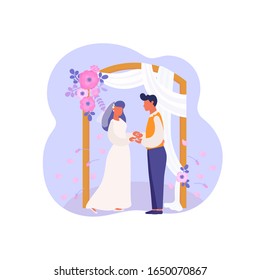 Marriage ceremony, wedding day, bride and groom  and flower arch. Newlyweds, husband and wife. Vector illustrationcan use for landing page, web, mobile, app, banner, poster, flyer