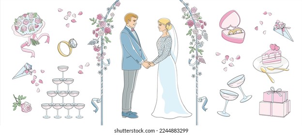 Marriage ceremony, wedding day, bride and groom. Cake, bridal rings,  wedding gifts, glasses of champagne,  linear color vector illustration 