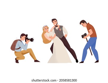 Marriage ceremony wedding day composition with pair of photographers shooting newly wedded couple vector illustration