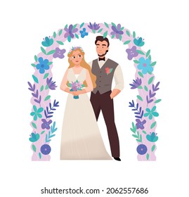 Marriage ceremony wedding day composition with characters of bride and groom in floral arch vector illustration