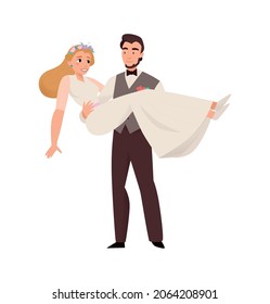 Marriage ceremony wedding day composition with groom holding bride in his arms vector illustration