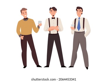 Marriage ceremony wedding day composition with male characters of friends of groom vector illustration