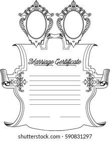 marriage  certificate in retro style. Isolated on white background. Lettering. 
