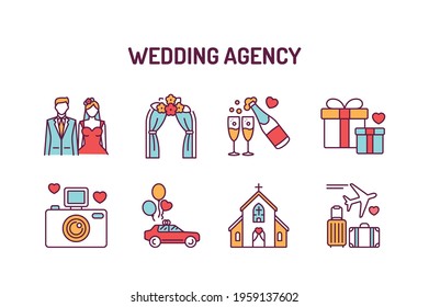 Marriage color line icons set. Wedding agency. Isolated vector element. Outline pictograms for web page, mobile app, promo.