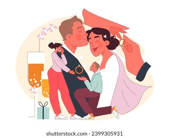 Marriage concept. Joyful couple sealing their love with a kiss, as another pair shares a proposal moment. Celebrating union and commitment. Flat vector illustration.