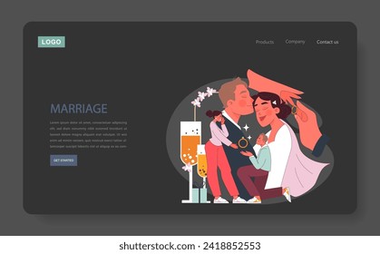 Marriage concept. Joyful couple sealing their love with a kiss, as another pair shares a proposal moment. Celebrating union and commitment. Flat vector illustration.