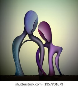 marriage concept, togetherness concept,  blue man and pink woman shapes Intertwined, together forever, couple in love abstract surrealism shapes, vector