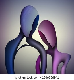 marriage concept, togetherness concept,  blue man and pink woman shapes Intertwined, together forever, couple in love abstract surrealism shapes, vector