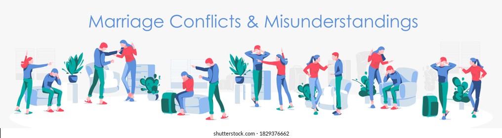 Marriage conflicts and misunderstandings. Family issues banner. Spouses quarreling and arguing with each other. Relationship breakup, divorce concept flat vector illustration