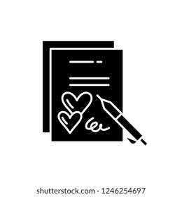 Marriage contract black icon, vector sign on isolated background. Marriage contract concept symbol, illustration 