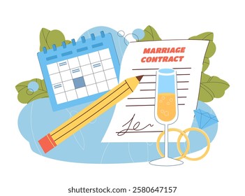 Marriage contract concept. Glass with champagne and golden rings with diamond. Wedding document. Certificate for husband and wife. Legal defending. Flat vector illustration