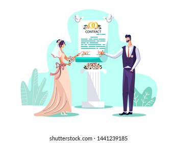 Marriage contract concept vector illustration. Couple of newlyweds, bride and groom sign marriage agreement during wedding ceremony, husband and wife register obligations. Wedding invitation card