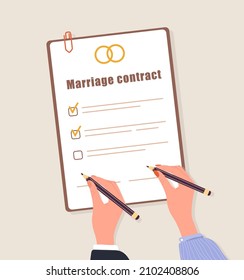 Marriage contract. Couple signs prenuptial agreement document. Prenup wedding certificate. Family divorce concept. Top-down view. Vector illustration in flat cartoon style.